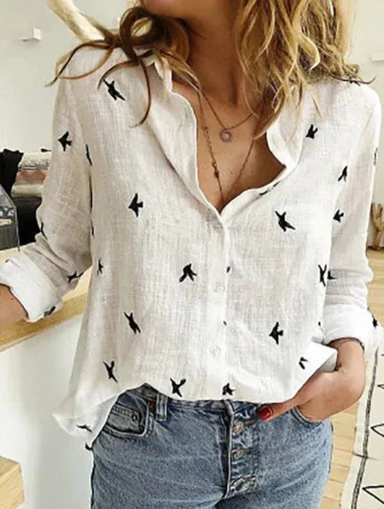 Brianna | Women's Button-Down Shirt Long Sleeve Bird Print Blouse