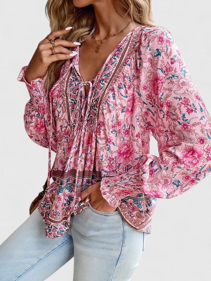 Gloria | Women's Botanical Boho Blouse V-Neck Puff Sleeve Top