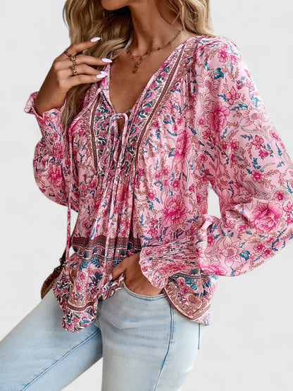 Gloria | Women's Botanical Boho Blouse V-Neck Puff Sleeve Top