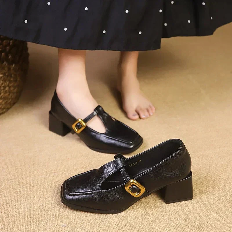 Cheryl | Women's Square Toe Mary Jane Heels Block Heel Gold Buckle