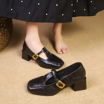 Cheryl | Women's Square Toe Mary Jane Heels Block Heel Gold Buckle