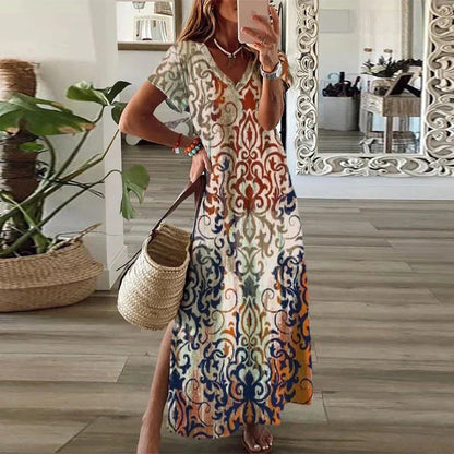 Hannah | Women's Bohemian Print Maxi Dress V-Neck Short-Sleeved Split