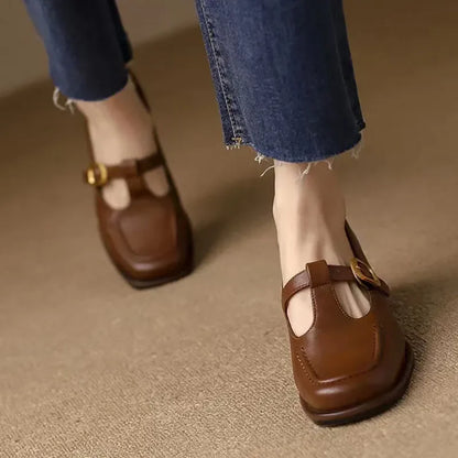 Charlene | Women's T-Strap Mary Jane Shoes Square Toe Low Block Heel