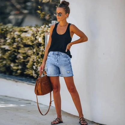 Veronica | Women's High Waist Denim Shorts Distressed Rolled Hem