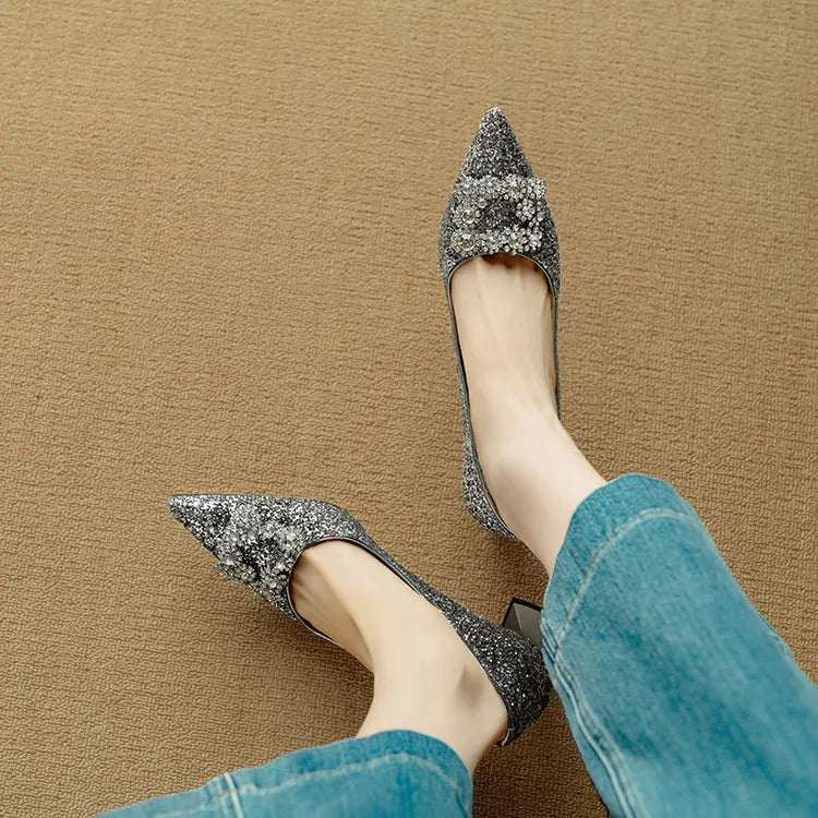 Carmen | Women's Glitter Block Heel Pumps Pointed Toe Crystal Buckle