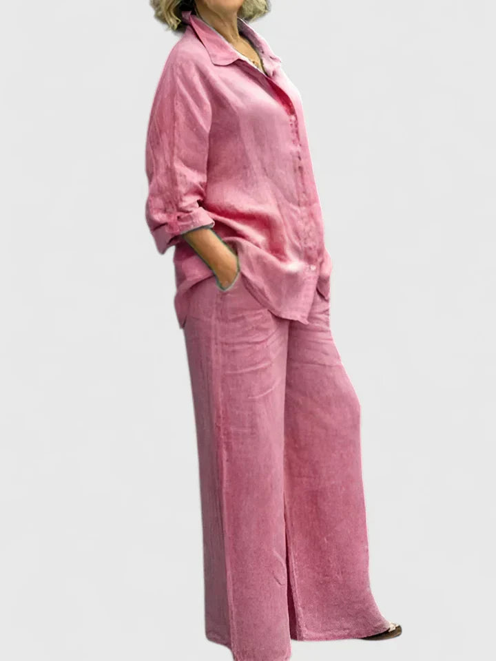Pamela | Women's Button-Down Shirt Set Wide Leg Pants Two-Piece