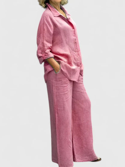 Pamela | Women's Button-Down Shirt Set Wide Leg Pants Two-Piece