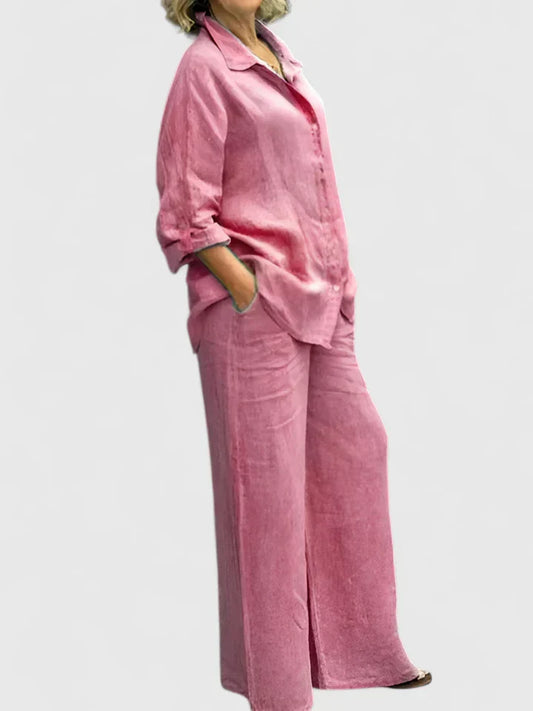 Pamela | Women's Button-Down Shirt Set Wide Leg Pants Two-Piece