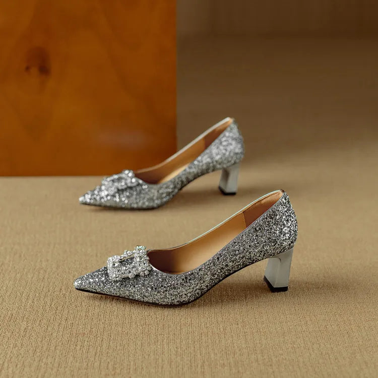 Carmen | Women's Glitter Block Heel Pumps Pointed Toe Crystal Buckle