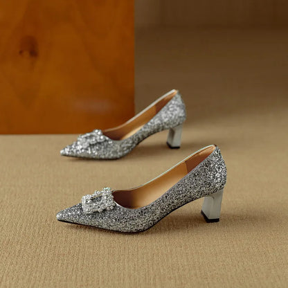 Carmen | Women's Glitter Block Heel Pumps Pointed Toe Crystal Buckle