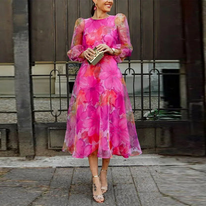 Sierra | Women's Floral Chiffon Mid-Length Dress Full Sleeve Wedding Guest