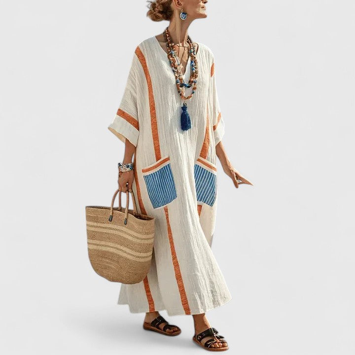 Luna | Women's V-Neck Striped Linen Maxi Dress with Pockets