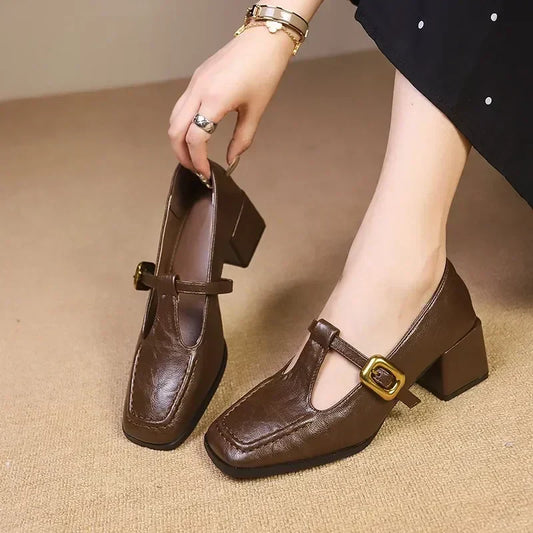 Cheryl | Women's Square Toe Mary Jane Heels Block Heel Gold Buckle