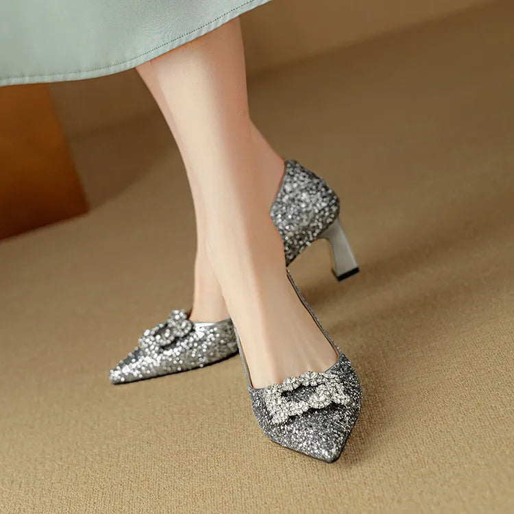 Carmen | Women's Glitter Block Heel Pumps Pointed Toe Crystal Buckle