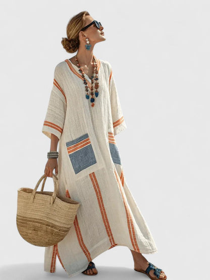 Remi | Women's V-Neck Kaftan Maxi Dress with Stripe Detail