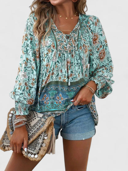 Gloria | Women's Botanical Boho Blouse V-Neck Puff Sleeve Top