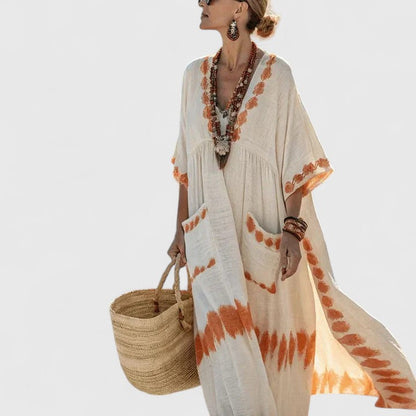 Luna | Women's V-Neck Striped Linen Maxi Dress with Pockets