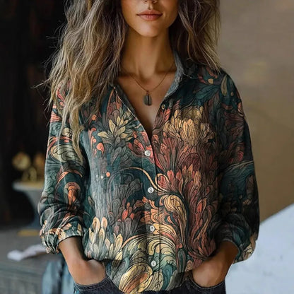 Beverly | Women's Retro Floral Print Long Sleeve Button-Down Shirt