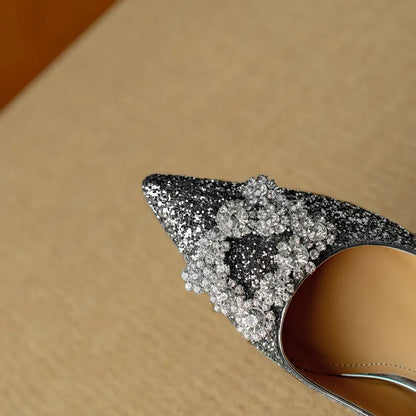 Carmen | Women's Glitter Block Heel Pumps Pointed Toe Crystal Buckle