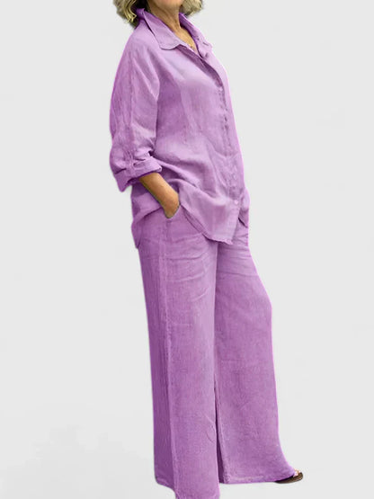Pamela | Women's Button-Down Shirt Set Wide Leg Pants Two-Piece