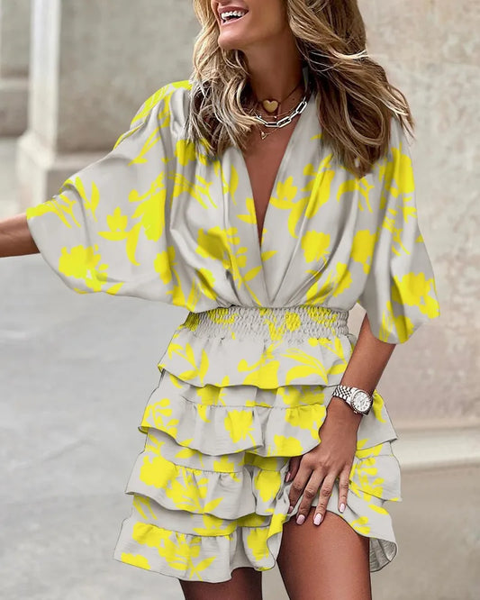 Taylor | Women's Printed Ruffle Short Dress V-Neck Smocked Waist Bohemian Dress