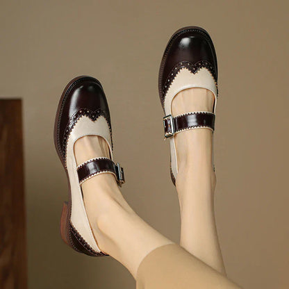 Andrea | Women's Two-Tone Leather Mary Jane Shoes Brogue T-Strap