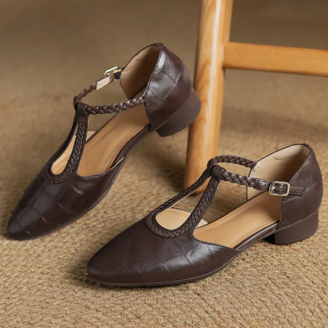 Colleen | Women's Leather T-Strap Mary Jane Flats Pointed Toe Flat