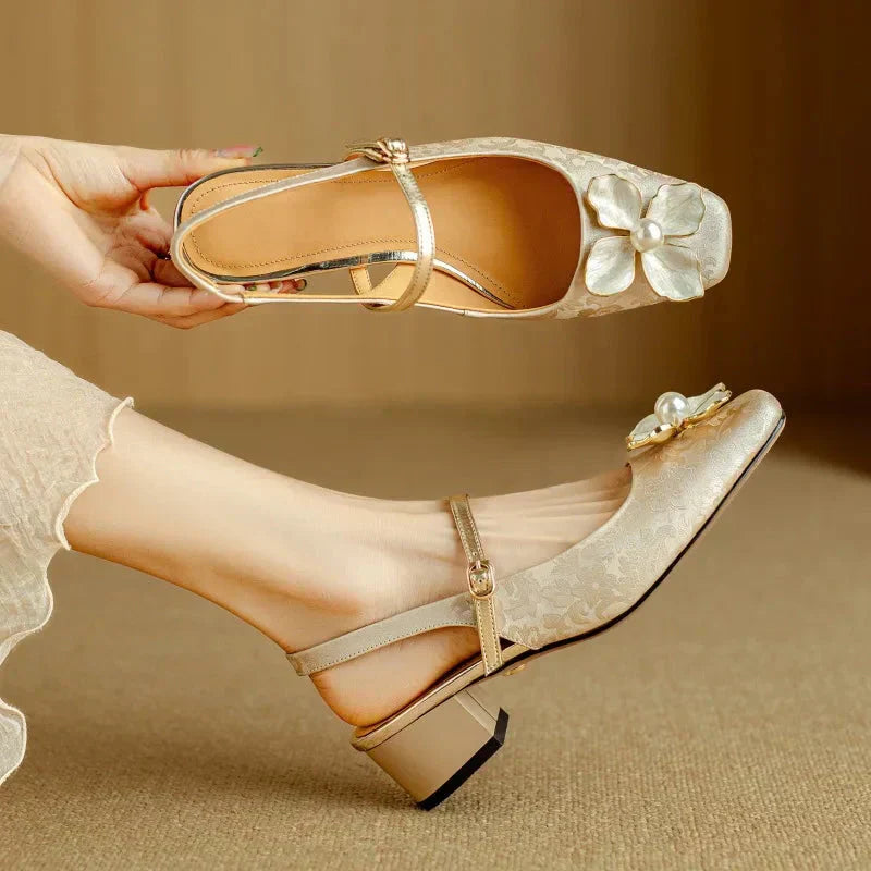 Chelsea | Women's Botanical Slingback Pumps Square Toe Block Heel Shoes