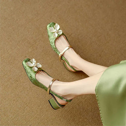 Chelsea | Women's Botanical Slingback Pumps Square Toe Block Heel Shoes