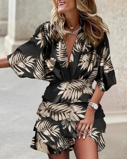 Taylor | Women's Printed Ruffle Short Dress V-Neck Smocked Waist Bohemian Dress
