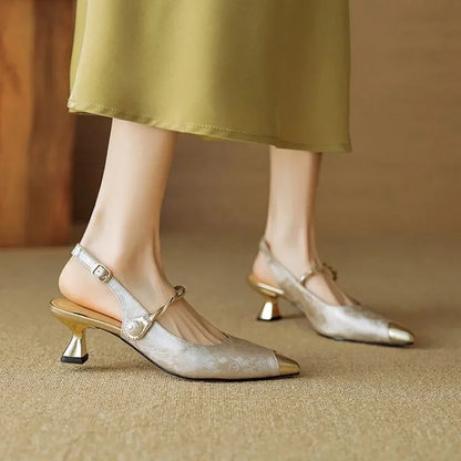 Evelyn | Women's Pearl Strap Slingback Kitten Heels Pointed Toe Pumps
