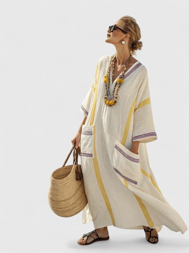 Remi | Women's V-Neck Kaftan Maxi Dress with Stripe Detail
