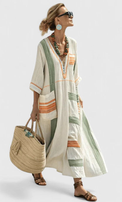 Remi | Women's V-Neck Kaftan Maxi Dress with Stripe Detail