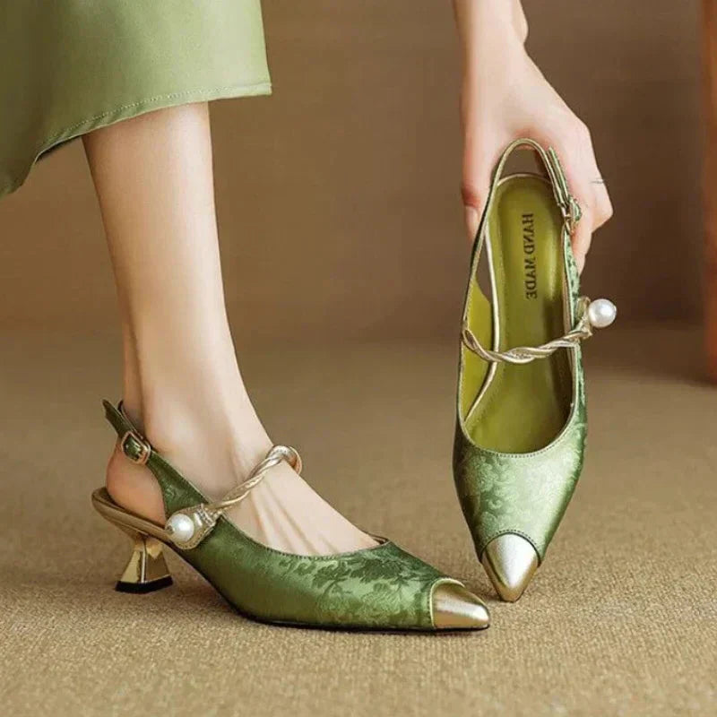Evelyn | Women's Pearl Strap Slingback Kitten Heels Pointed Toe Pumps