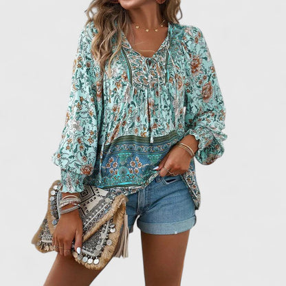 Gloria | Women's Botanical Boho Blouse V-Neck Puff Sleeve Top