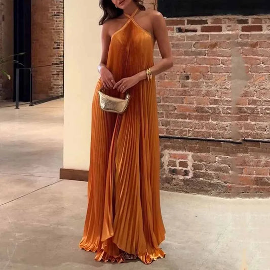 Skylar | Women's Wedding Guest Pleated Halter Maxi Dress Evening