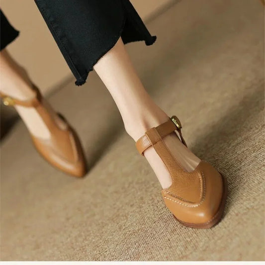 Stephanie | Women's T-Strap Buckle Shoes Pointed Toe Low Heel Flats