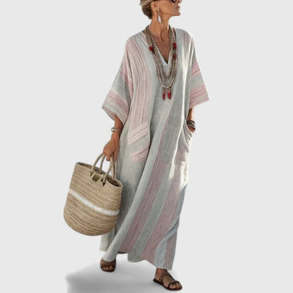 Luna | Women's V-Neck Striped Linen Maxi Dress with Pockets
