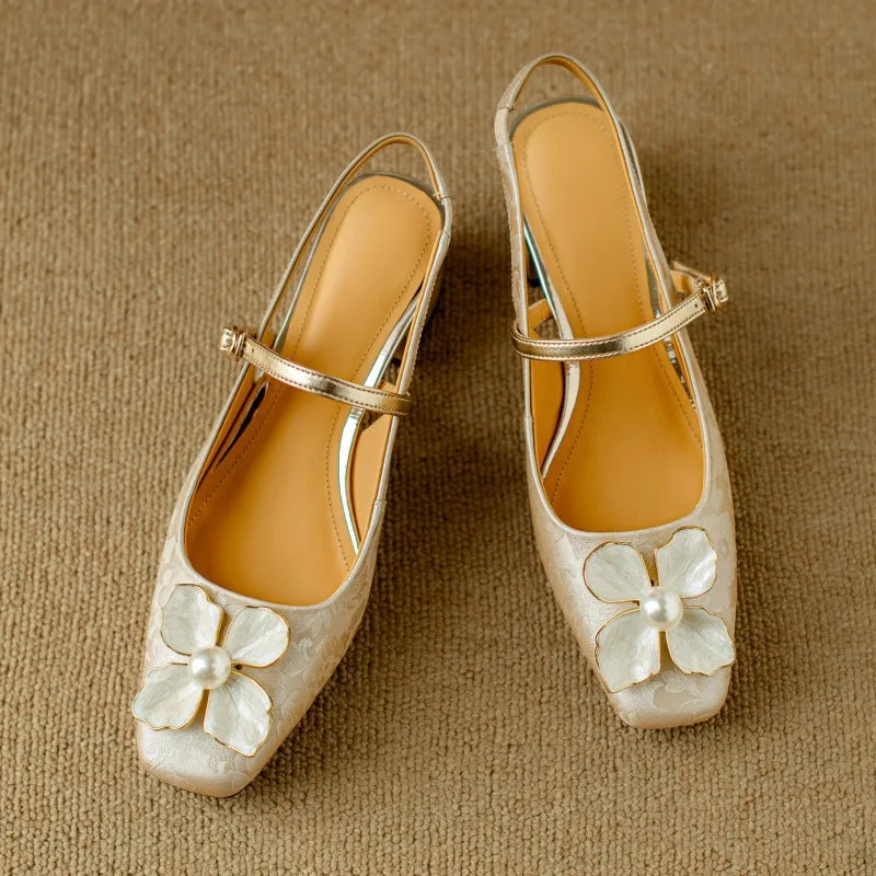 Chelsea | Women's Botanical Slingback Pumps Square Toe Block Heel Shoes