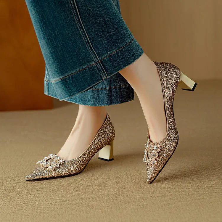 Carmen | Women's Glitter Block Heel Pumps Pointed Toe Crystal Buckle