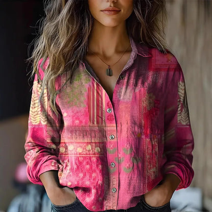 Beverly | Women's Retro Floral Print Long Sleeve Button-Down Shirt