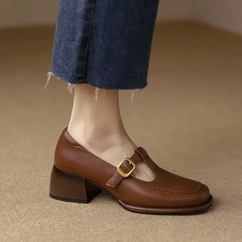 Charlene | Women's T-Strap Mary Jane Shoes Square Toe Low Block Heel