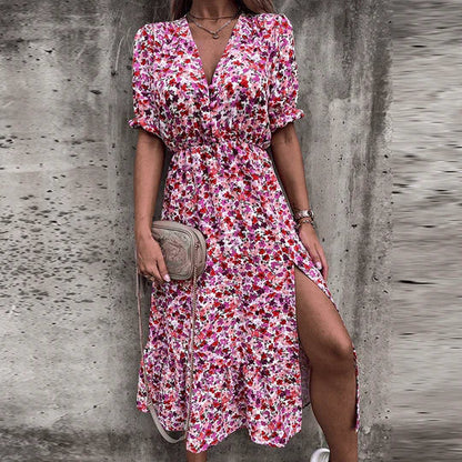 Mia | Women's Floral Mid-Length Dress V-Neck Smocked Waist Side Split