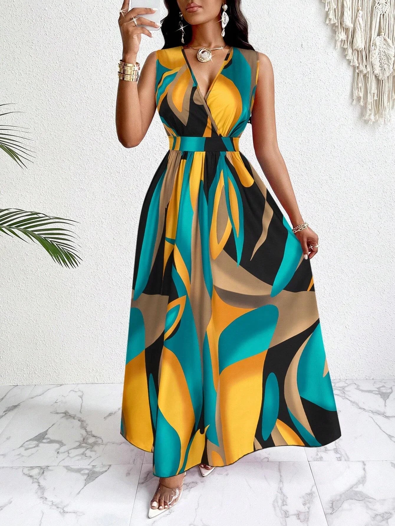 Melissa | Women's V-Neck No-Sleeve Abstract Print Maxi Dress