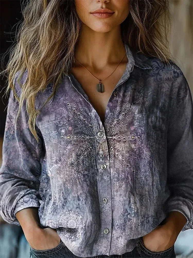 Beverly | Women's Retro Floral Print Long Sleeve Button-Down Shirt