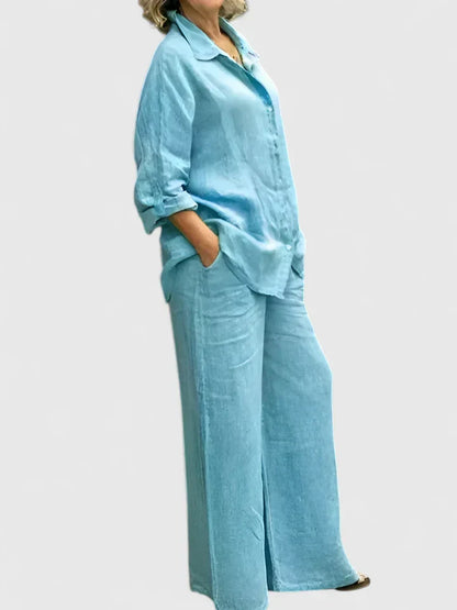 Pamela | Women's Button-Down Shirt Set Wide Leg Pants Two-Piece