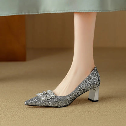 Carmen | Women's Glitter Block Heel Pumps Pointed Toe Crystal Buckle