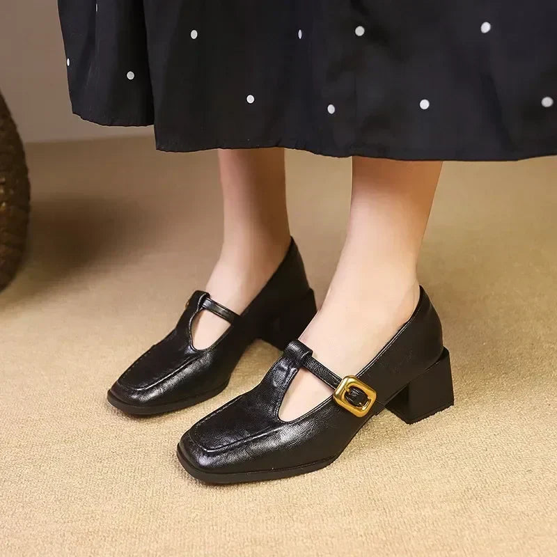 Cheryl | Women's Square Toe Mary Jane Heels Block Heel Gold Buckle