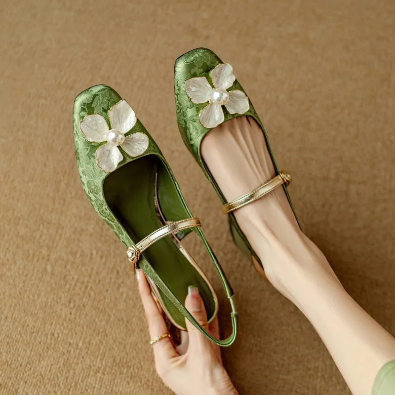 Chelsea | Women's Botanical Slingback Pumps Square Toe Block Heel Shoes