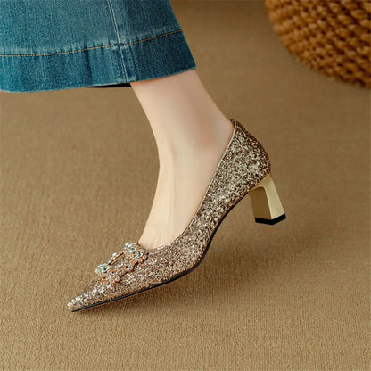 Carmen | Women's Glitter Block Heel Pumps Pointed Toe Crystal Buckle